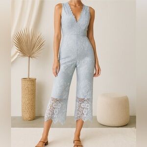Foxiedox Lace V-Neck Cropped Jumpsuit in Ice Blue